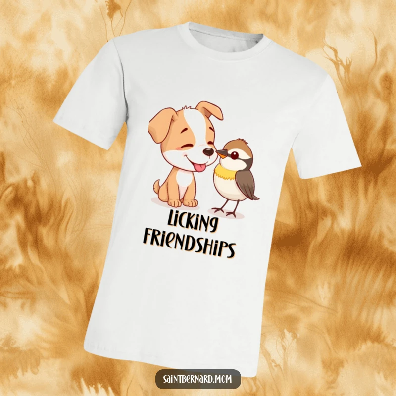 Funny T-Shirt: A dog gently offers a lick to a tiny, curious bird, highlighting a moment of sweet interspecies connection.