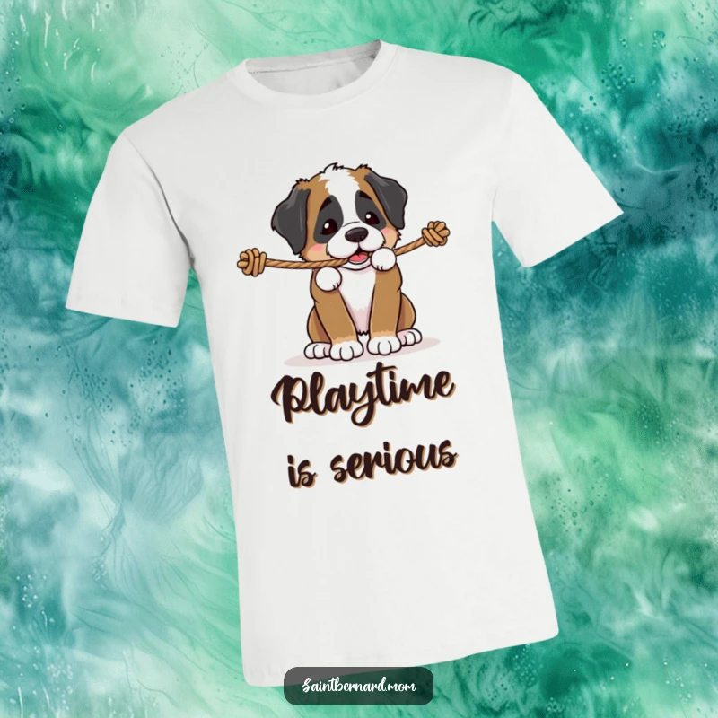 Funny Saint Bernard puppy t-shirt, a dog playfully tugging on a sturdy rope, full of energy and determination, ideal for active people, great gift.