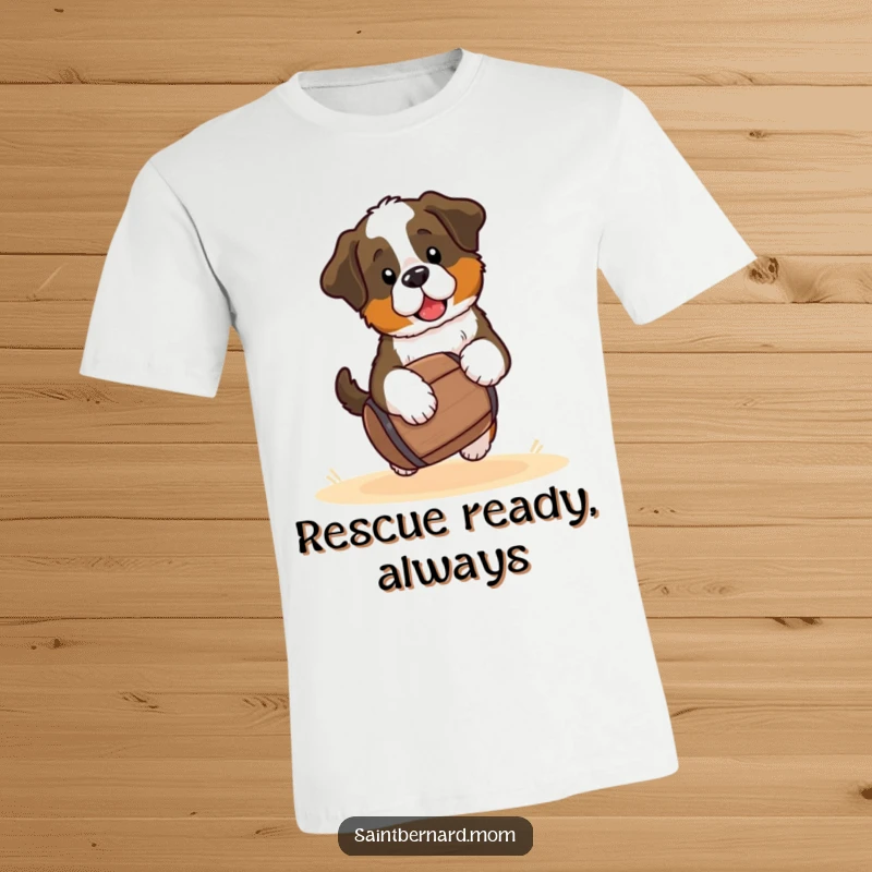Funny Saint Bernard puppy t-shirt, a kawaii dog playfully carrying a small barrel, ready for adventure, embodying pure joy for gifting.