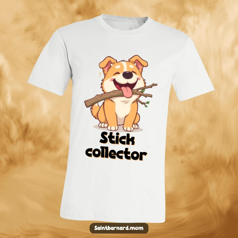 Funny T-Shirt: A large dog happily carrying a small, fallen branch in its mouth, showcasing its fetch-loving personality.