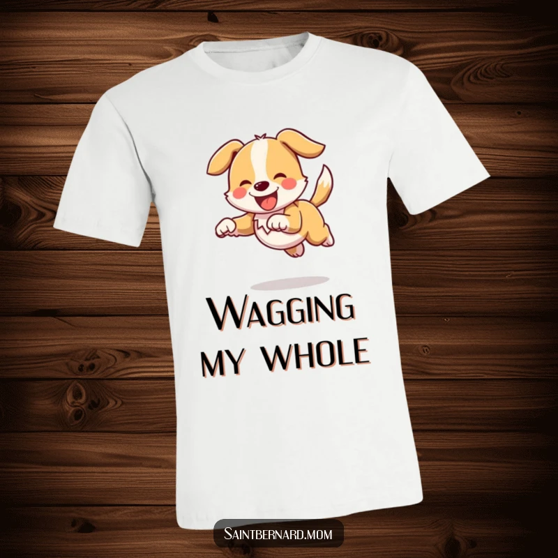 Funny t-shirt of a dog character joyfully bounding with its tail held high and wagging, symbolizing pure happiness and playful energy.