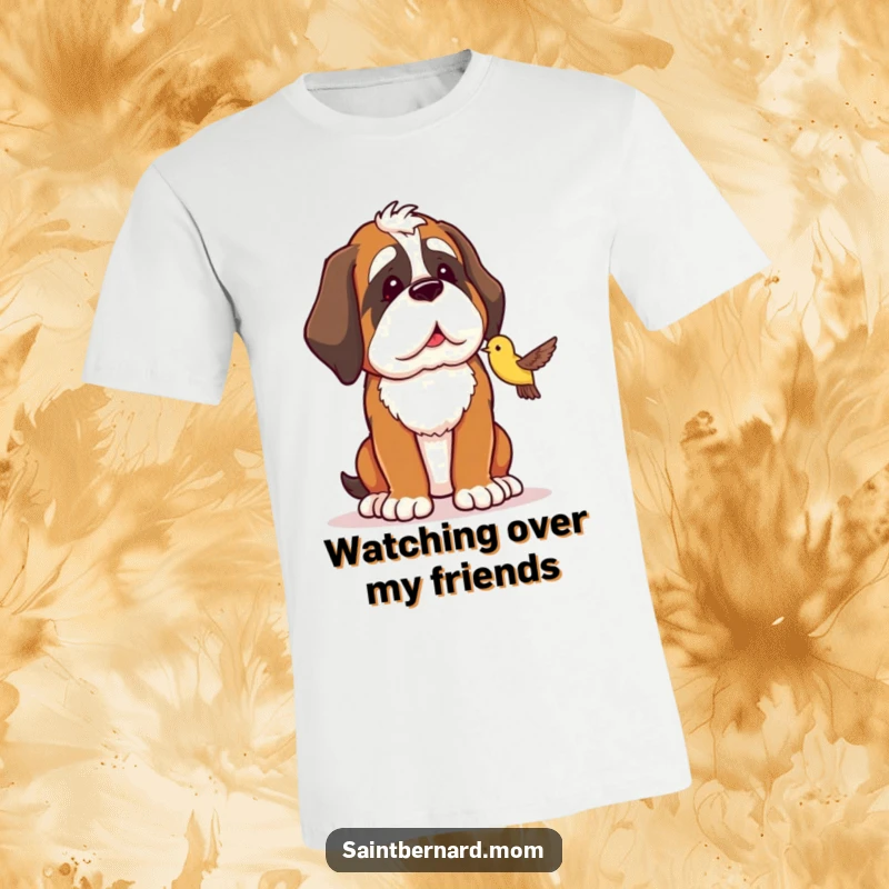 Funny Saint Bernard t-shirt showing a dog protectively looking at a small bird, symbolizing gentle guardianship.