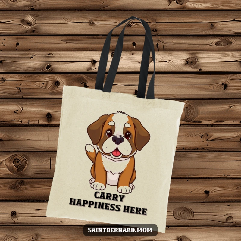 Funny Kawaii Saint Bernard tote bag featuring a cute dog invitingly wagging its thick tail, perfect for carrying goods with a smile.