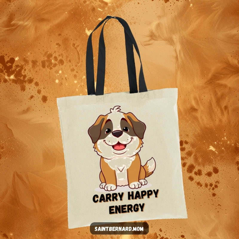 Funny Saint Bernard Lady Tote Bag showcasing a dog with a goofy grin and wagging tail, symbolizing pure happiness and friendliness.