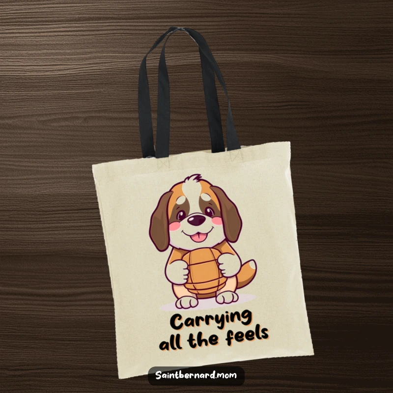 Funny Kawaii Saint Bernard tote bag, a smiling dog carrying a small barrel, symbolizing helpfulness and charm for shoppers.