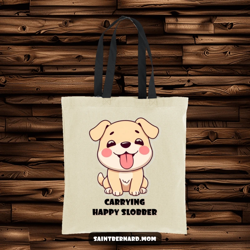 Funny tote bag depicting a large, gentle dog character happily panting with its tongue out, great for carrying groceries with a smile.