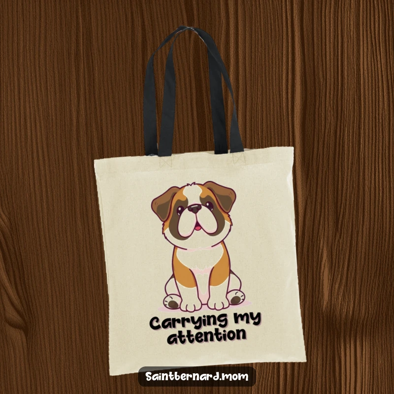Funny Kawaii Saint Bernard tote bag of a dog sitting attentively with perked ears, ideal for carrying items with humorous loyalty and charm.