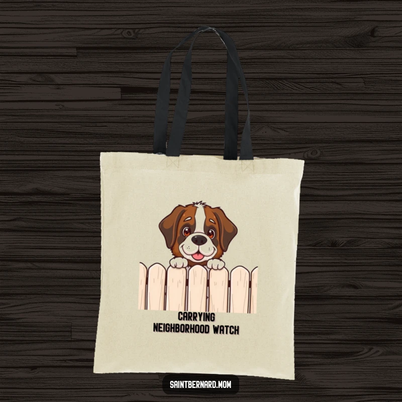 Funny Saint Bernard tote bag featuring a dog peeking over a fence with a friendly, curious gaze, symbolizing warmth.