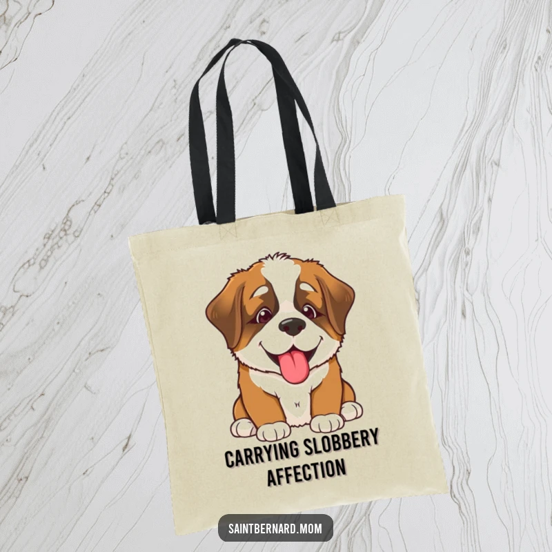 Funny Saint Bernard puppy tote bag, a happy smiling dog offering a big lick, a cute and practical accessory for dog lovers, excellent gift.