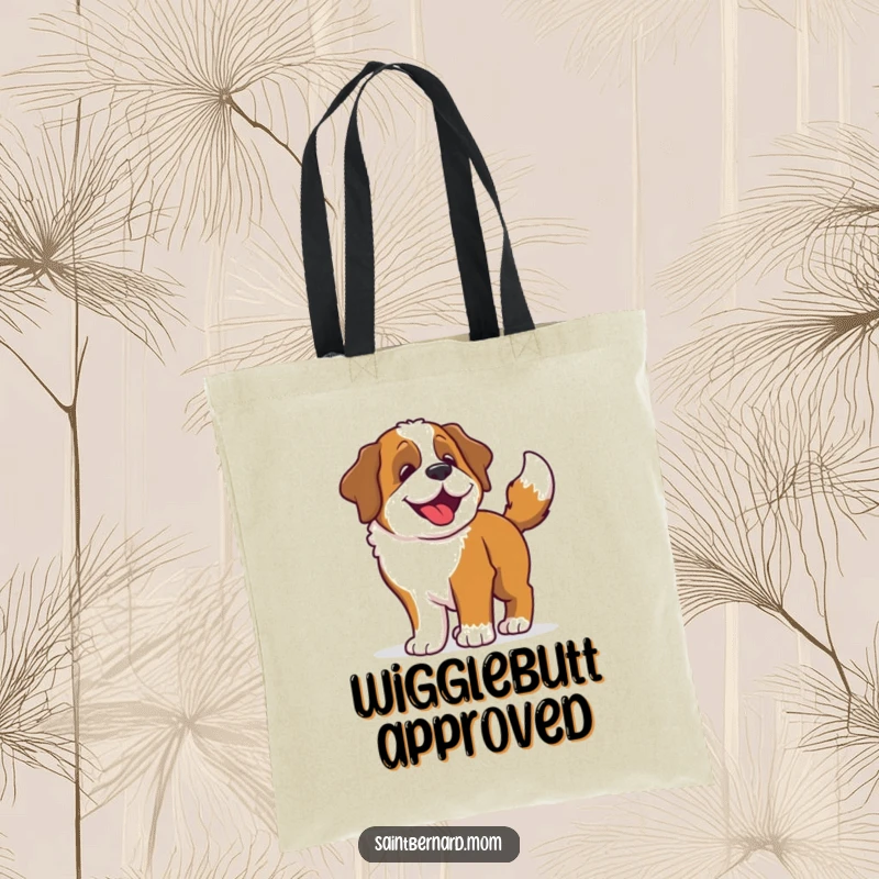 Funny Saint Bernard tote bag featuring a happy dog whose whole body wiggles with excitement from its furiously wagging tail.
