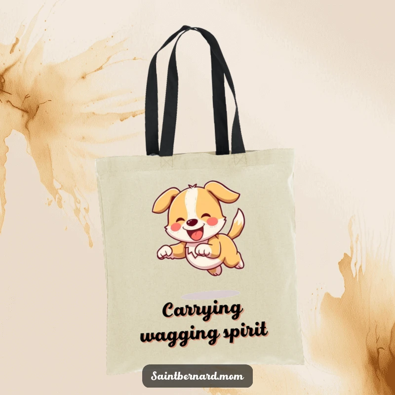 Funny tote bag depicting a dog character joyfully bounding, tail held high and wagging, perfect for carrying items with energetic charm.