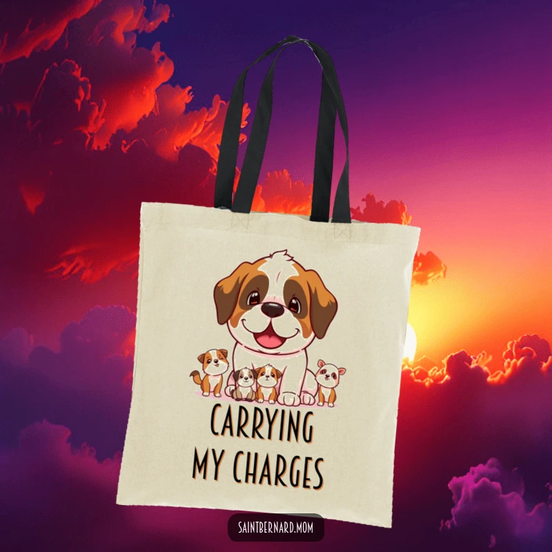 Funny Saint Bernard dog character protectively watching smaller animals on a durable tote bag.