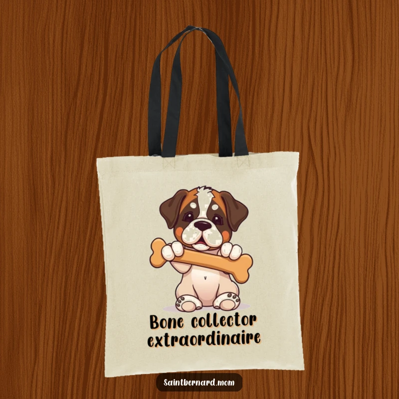 Funny Saint Bernard puppy tote bag with a dog sitting pretty, presenting a desirable bone, showcasing puppy charm.
