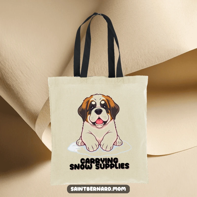 Funny Saint Bernard dog tote bag featuring paws resting on soft snow, a humorous and practical winter accessory.