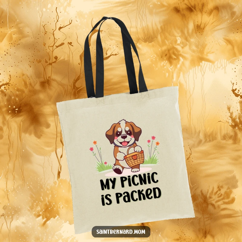 Funny kawaii Saint Bernard dog carrying a tote bag, grinning while holding a miniature picnic basket, perfect for doggy outings.