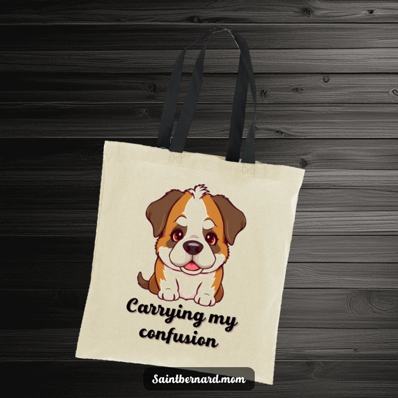 Funny Saint Bernard tote bag displaying a dog's adorable goofy head tilt and a sweet, warm gaze, adding charm to your day.